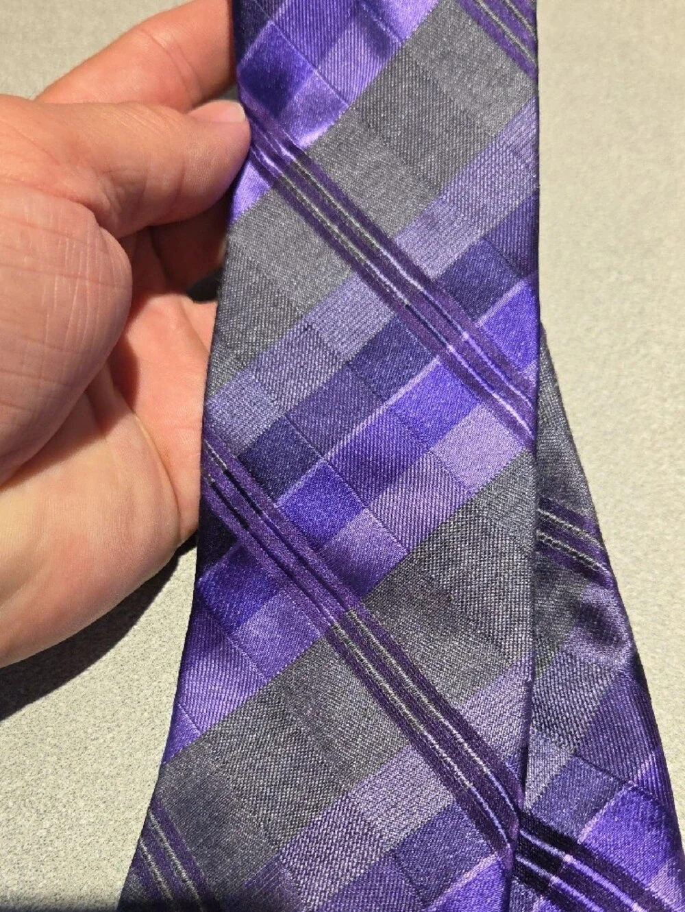 Calvin Klein Purple and Grey Plaid Silk Tie